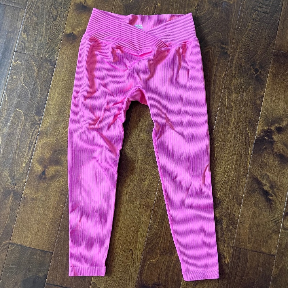 Pink seamless ribbed wrap fold waist stretchy pants sporty leggings